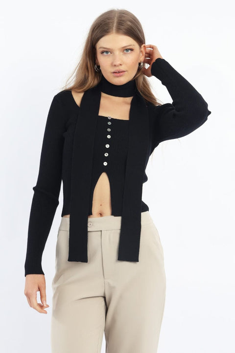 Black Knit Top Long Sleeve Scarf