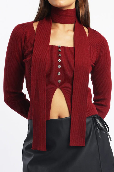 Red Knit Top Long Sleeve Scarf