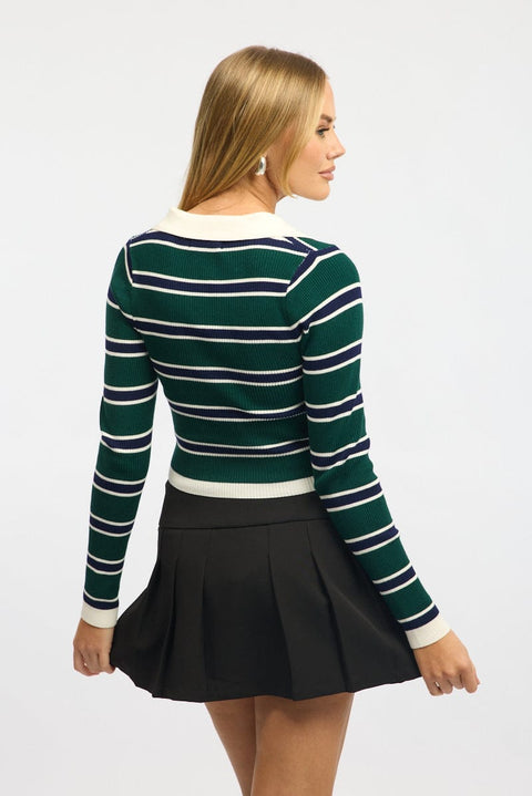 Green Stripe Knit Top Long Sleeve Collar