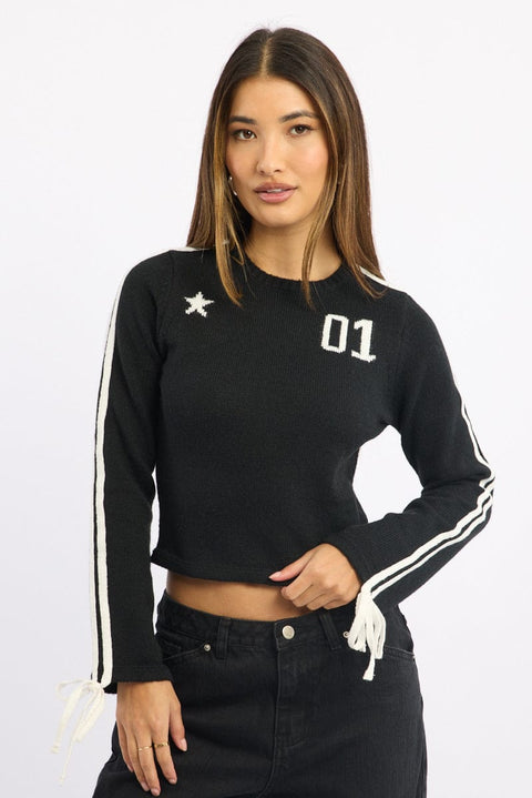 Black Crop Knit Top Long Sleeve Varsity Contrast Trim
