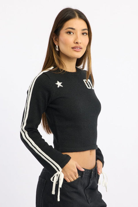 Black Crop Knit Top Long Sleeve Varsity Contrast Trim