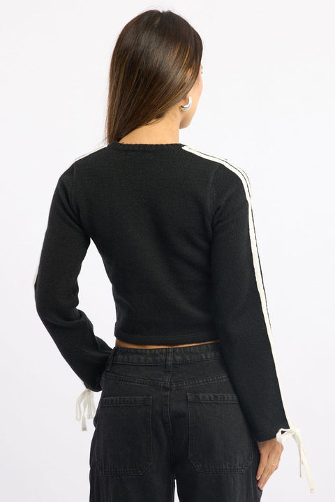 Black Crop Knit Top Long Sleeve Varsity Contrast Trim