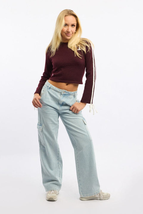 Red Crop Knit Top Long Sleeve Varsity Contrast Trim