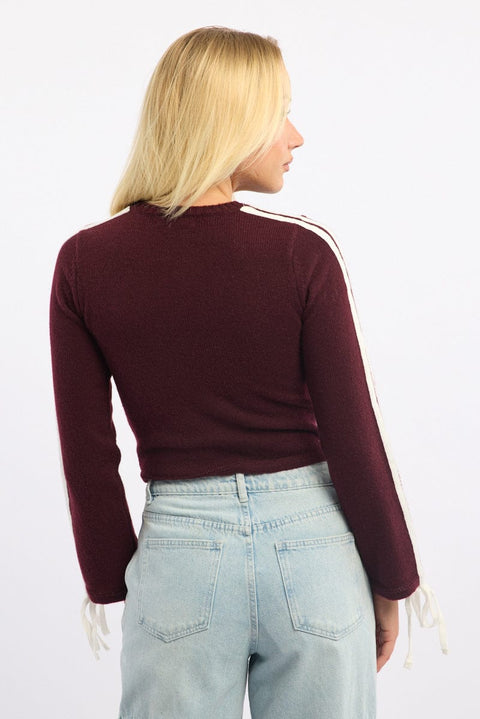 Red Crop Knit Top Long Sleeve Varsity Contrast Trim