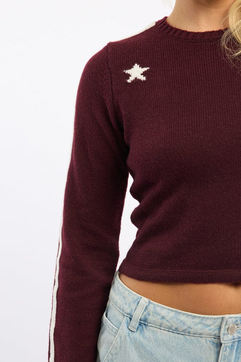 Red Crop Knit Top Long Sleeve Varsity Contrast Trim