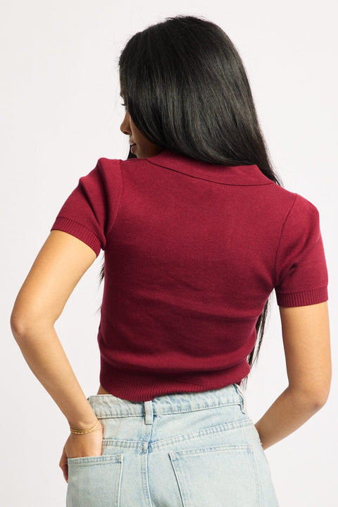 Red Knit Top Short Sleeve Polo Collar