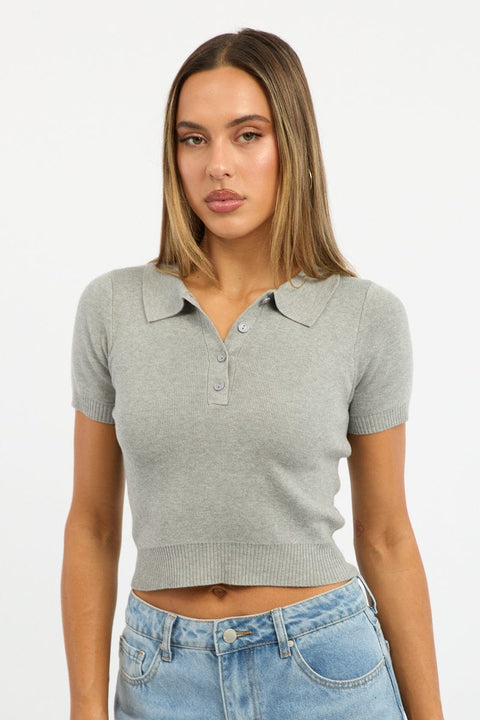 Grey Knit Top Short Sleeve Polo Collar