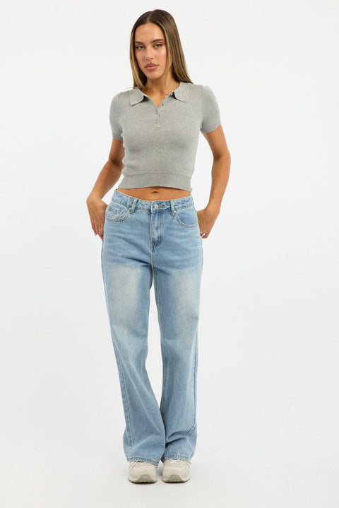 Grey Knit Top Short Sleeve Polo Collar