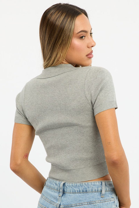 Grey Knit Top Short Sleeve Polo Collar