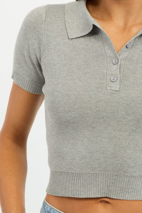 Grey Knit Top Short Sleeve Polo Collar