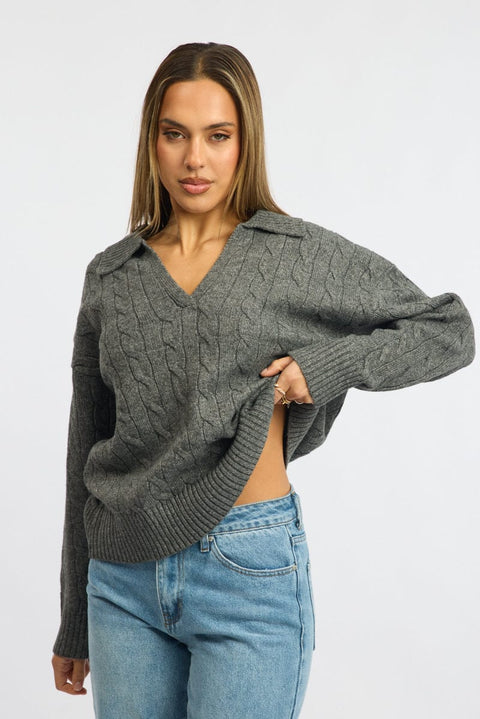 Grey Cable Knit Jumper V-neck