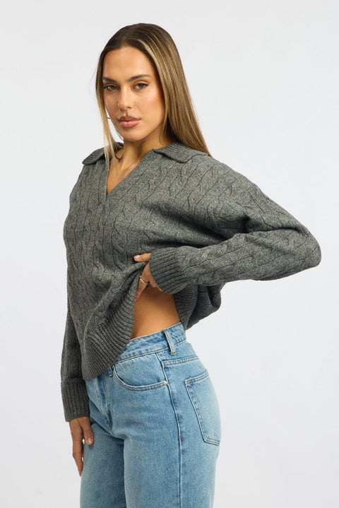 Grey Cable Knit Jumper V-neck