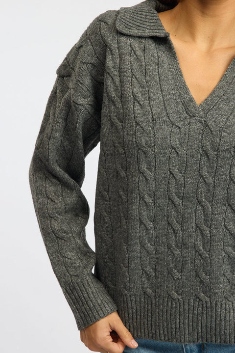 Grey Cable Knit Jumper V-neck