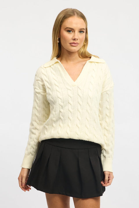 White Cable Knit Jumper V-neck