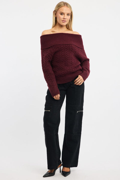 Red Bardot Knit Top Long Sleeve Cable