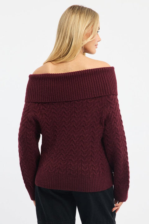 Red Bardot Knit Top Long Sleeve Cable