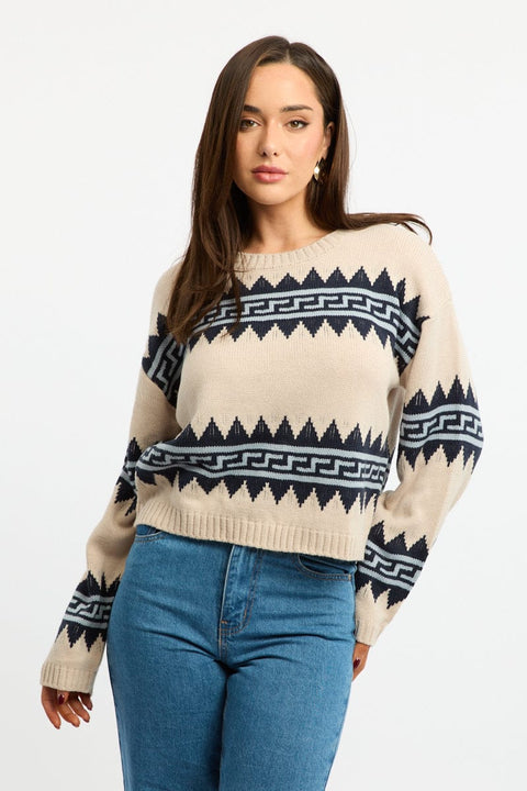 Beige Aztec Jumper Long Sleeve Crew Neck
