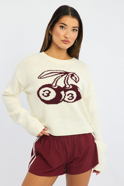 White Cherry Knit Top Long Sleeve